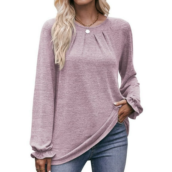 Long Sleeve Shirts for Women 2025 Fashion Fall Dressy Casual Blouses Pleated Crewneck Tunic Tops Light  XXL