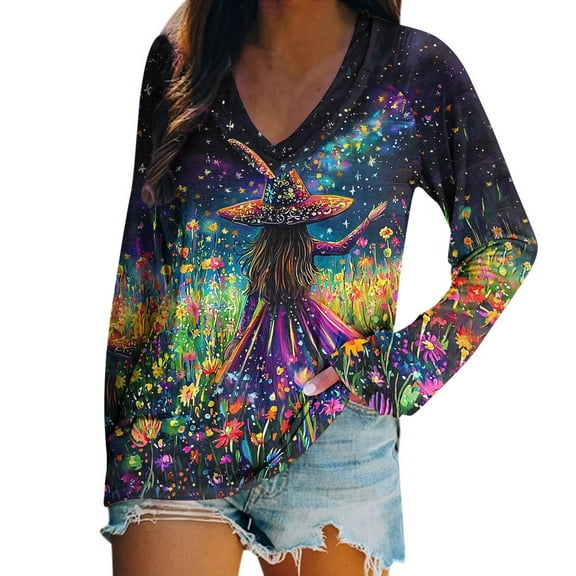 Long Sleeve Shirts for Women 2025 New Halloween Costumes Plus Size Loose Blouses Funny Halloween Printed V-Neck Pullover Tops
