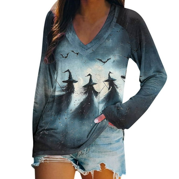 Long Sleeve Shirts for Women 2025 New Halloween Costumes Plus Size Loose Blouses Funny Halloween Printed V-Neck Pullover Tops