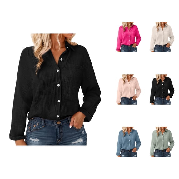 Long Sleeve Shirts for Women 2025 Plain Button Down Collared Casual Loose Business Casual Blouse Womens Fall Tops