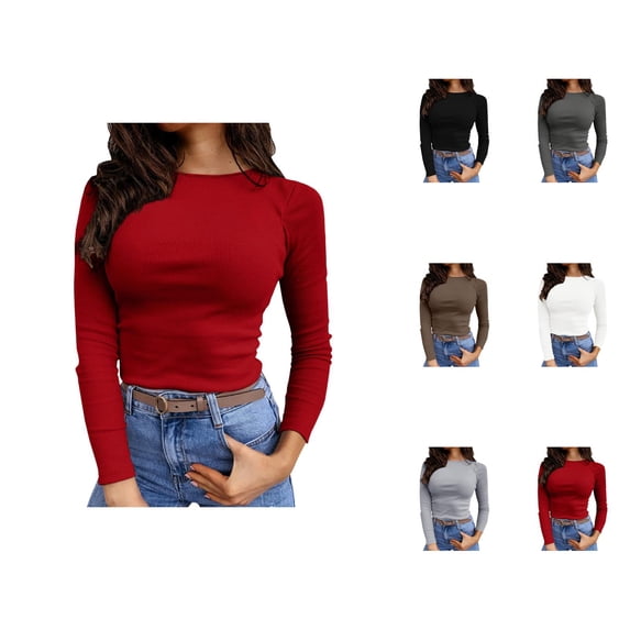 Long Sleeve Shirts for Women 2026 Spring Basic Undershirt Ribbed Crewneck Slim Fit Plain Blouse