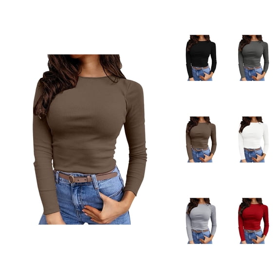 Long Sleeve Shirts for Women 2026 Spring Basic Undershirt Ribbed Crewneck Slim Fit Plain Blouse
