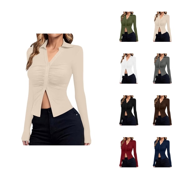 Long Sleeve Shirts for Women 2026 Spring Button Down V Neck Collared Ruched Slim Fit Casual Blouse Ladies Tops