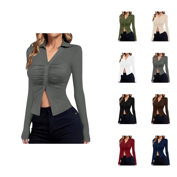 Long Sleeve Shirts for Women 2026 Spring Button Down V Neck Collared Ruched Slim Fit Casual Blouse Ladies Tops