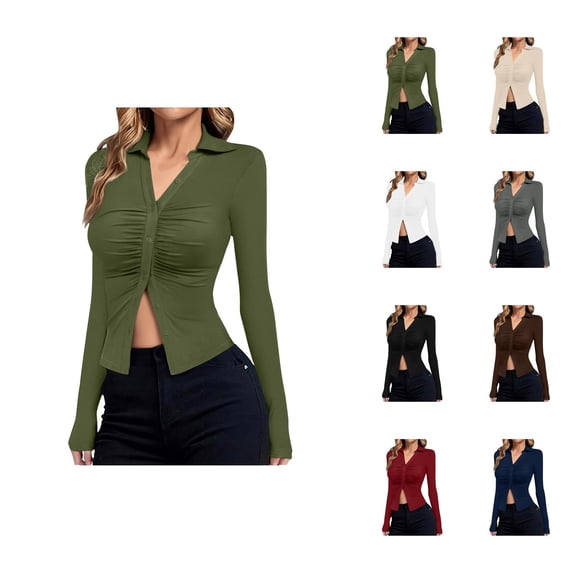 Long Sleeve Shirts for Women 2026 Spring Button Down V Neck Collared Ruched Slim Fit Casual Blouse Ladies Tops