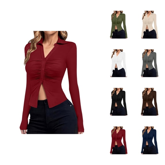 Long Sleeve Shirts for Women 2026 Spring Button Down V Neck Collared Ruched Slim Fit Casual Blouse Ladies Tops