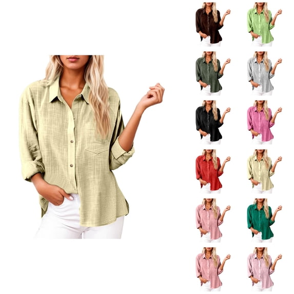 Long Sleeve Shirts for Women 2026 Spring Cotton Linen Roll Up Sleeve Button Down Collared Dressy Casual Office Work Blouse