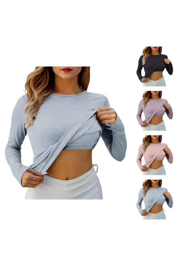 Long Sleeve Shirts for Women 2026 Spring Crewneck Slim Fit Undershirt with Build-in Wireless Bra Padded Blouse Top