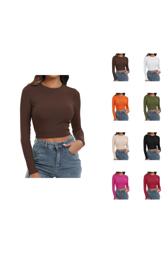 Long Sleeve Shirts for Women 2026 Spring Cropped Undershirt Crewneck Ribbed Slim Fit Plain Blouse
