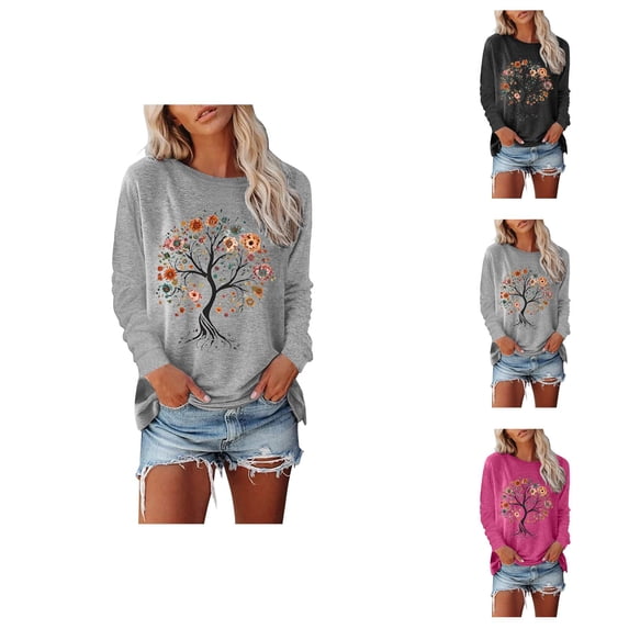 Long Sleeve Shirts for Women 2026 Spring Fall Casual Crewneck Flower Tree Graphic Shirt