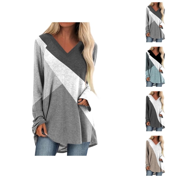 Long Sleeve Shirts for Women 2026 Spring Fall Casual Geometric Printed V Neck Oversized Shirt Tunic Blouse