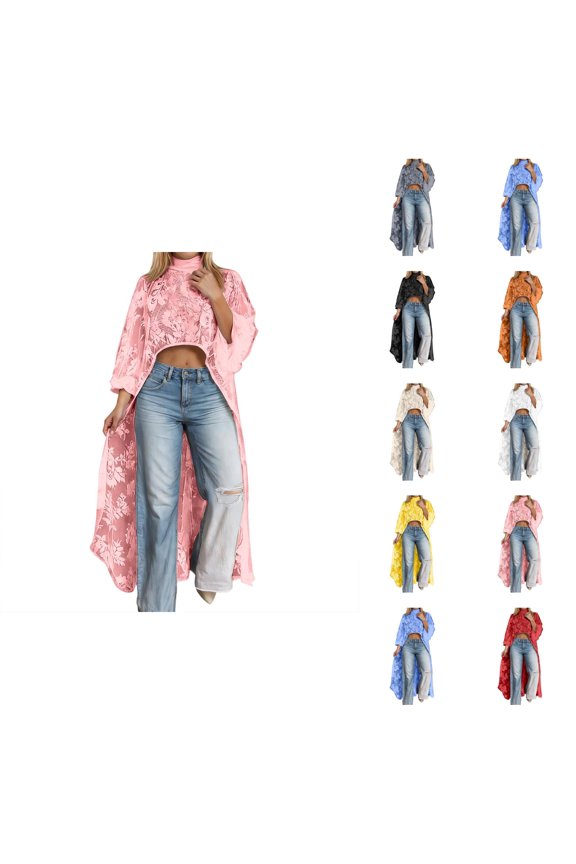Long Sleeve Shirts for Women 2026 Spring Floral Lace See through Turtleneck High Low Asymmetrical Hem Long Blouse