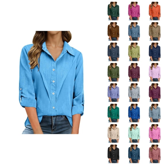 Long Sleeve Shirts for Women 2026 Spring Linen Roll Up Sleeve Button Lapel Collar Dressy Casual Office Work Blouse Tops