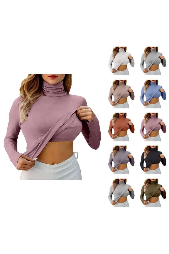 Long Sleeve Shirts for Women 2026 Spring Modal Turtleneck Slim Fit Undershirt with Build-in Bra Padded Blouse Top