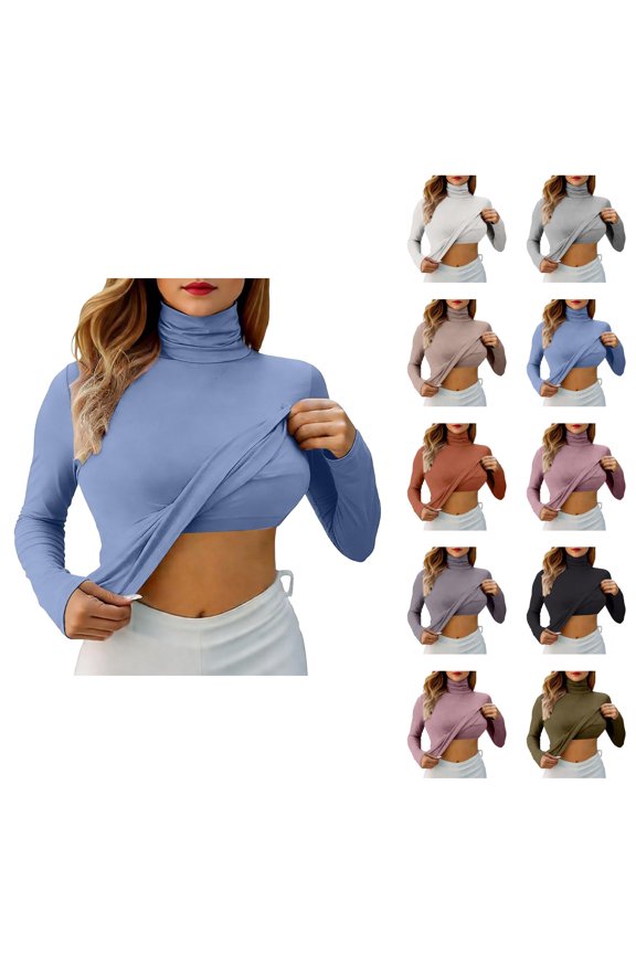 Long Sleeve Shirts for Women 2026 Spring Turtleneck Slim Fit Undershirt with Build-in Bra Padded Blouse Top