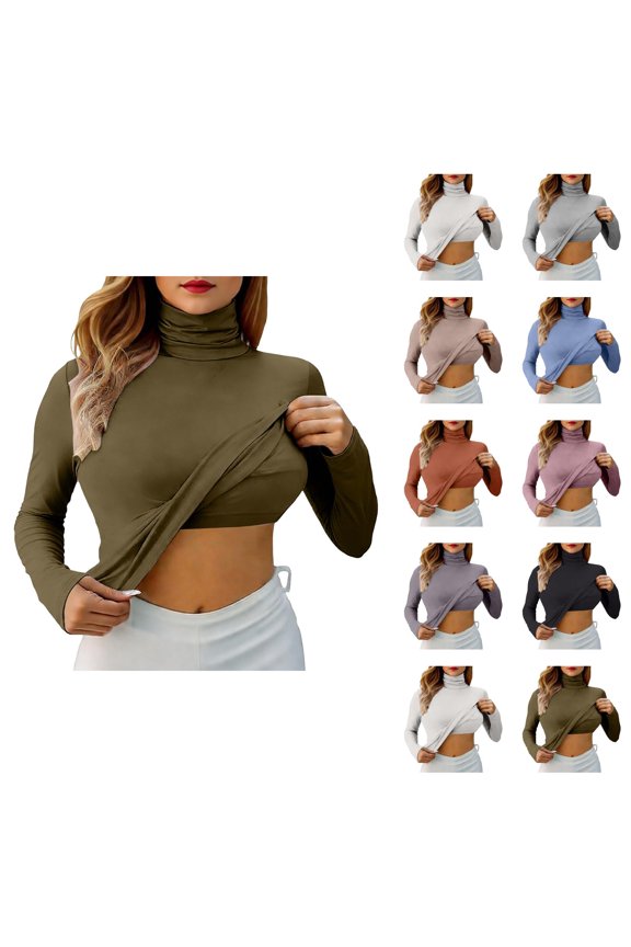Long Sleeve Shirts for Women 2026 Spring Modal Turtleneck Slim Fit Undershirt with Build-in Bra Padded Blouse Top