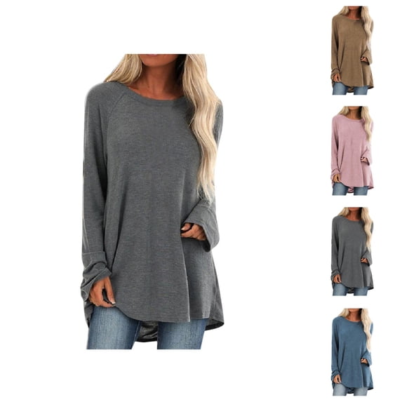 Long Sleeve Shirts for Women 2026 Spring Plus Size Plain Crewneck Oversized Tshirt Blouse Tunic Tops