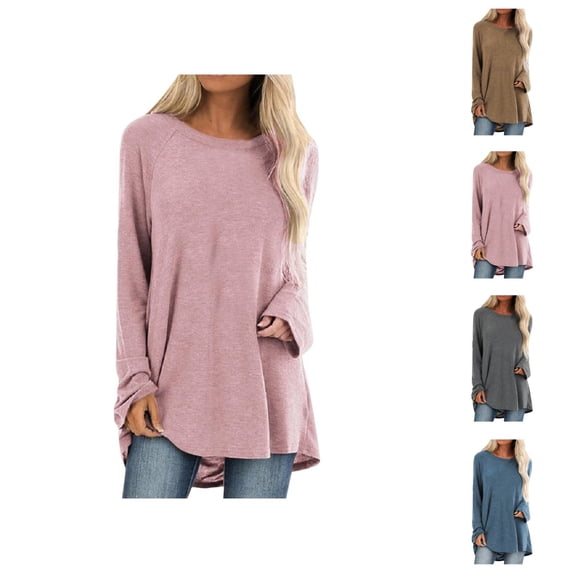 Long Sleeve Shirts for Women 2026 Spring Plus Size Plain Crewneck Oversized Tshirt Blouse Tunic Tops