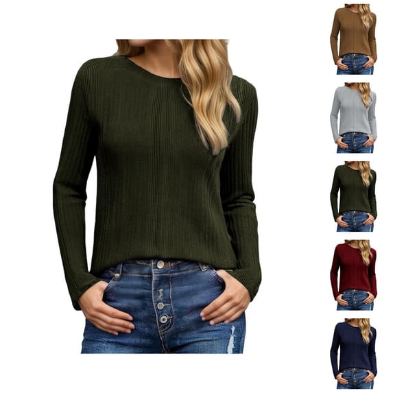 Long Sleeve Shirts for Women 2026 Spring Ribbed Crewneck Casual Basic Plain Tshirt Blouse Undershirt