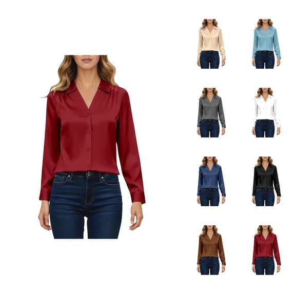 Long Sleeve Shirts for Women 2026 Spring Satin Button Down V Neck Lapel Collar Dressy Casual Office Work Blouse Tops