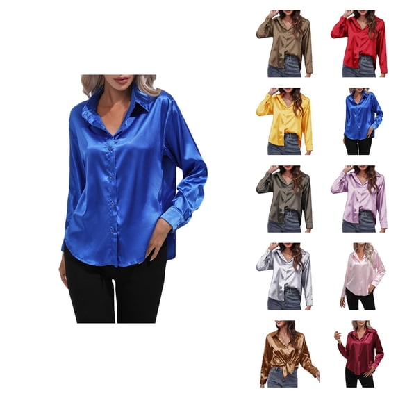 Long Sleeve Shirts for Women 2026 Spring Satin Button Lapel Collar Dressy Casual Office Work Blouse Womens Tops