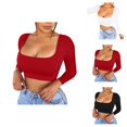 thumbnail image 1 of Long Sleeve Shirts for Women 2026 Spring Square Neck Bodycon Fitted Basic T-Shirt Cropped Tops, 1 of 9