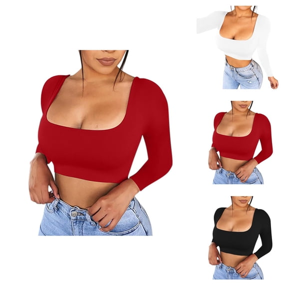 Long Sleeve Shirts for Women 2026 Spring Square Neck Bodycon Fitted Basic T-Shirt Cropped Tops
