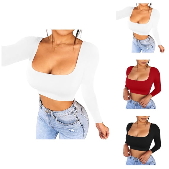 Long Sleeve Shirts for Women 2026 Spring Square Neck Bodycon Fitted Basic T-Shirt Cropped Tops