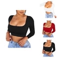 thumbnail image 1 of Long Sleeve Shirts for Women 2026 Spring Square Neck Bodycon Fitted Basic T-Shirt Cropped Tops, 1 of 9