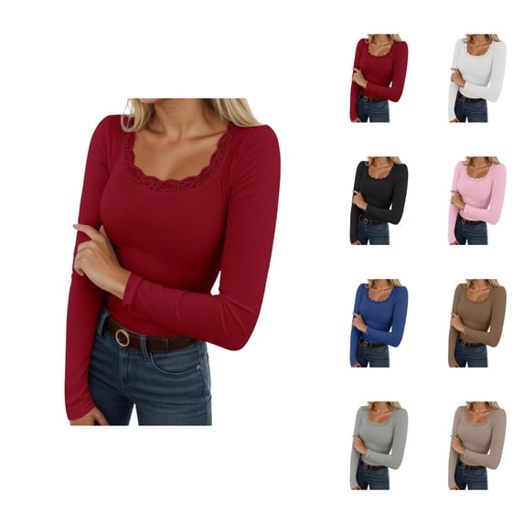 Long Sleeve Shirts for Women 2026 Spring Square Neck Lace Neckline Ribbed Slim Fit Blouse Undershirt