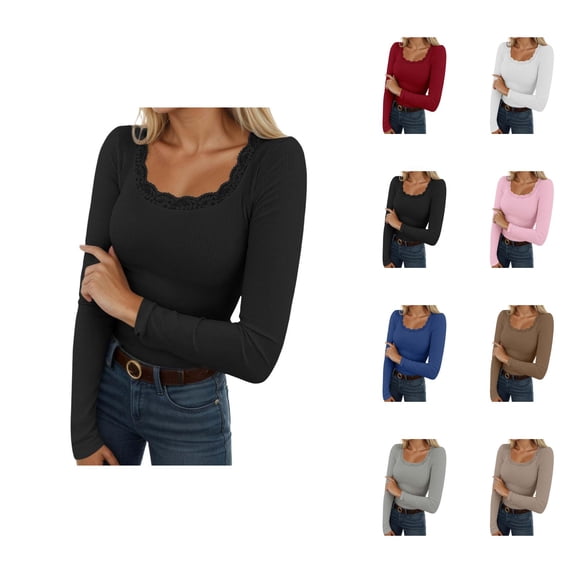Long Sleeve Shirts for Women 2026 Spring Square Neck Lace Neckline Ribbed Slim Fit Blouse Undershirt