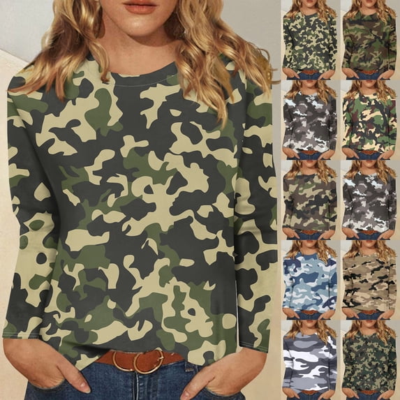Long Sleeve Shirts for Women Spring Summer Crew Neck Ladies Tops Tunic Print Blouse Brown 4XL