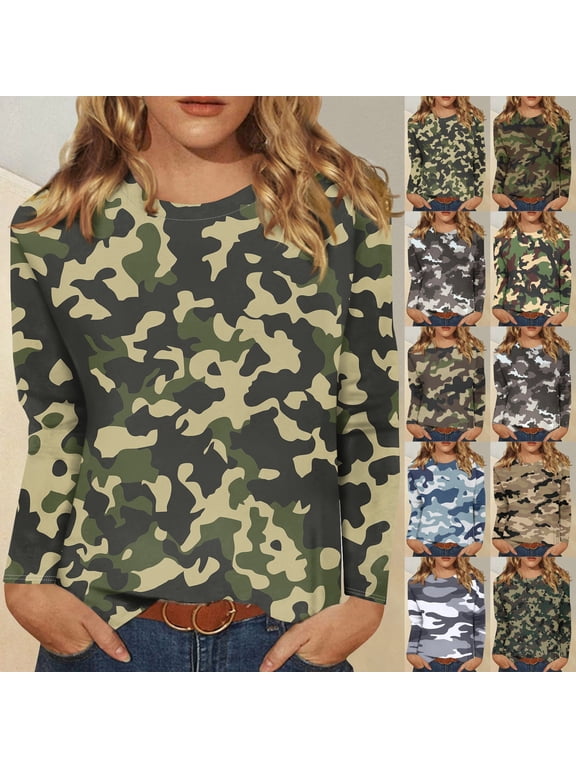 Long Sleeve Shirts for Women Spring Summer Crew Neck Ladies Tops Tunic Print Blouse Camouflage 4XL