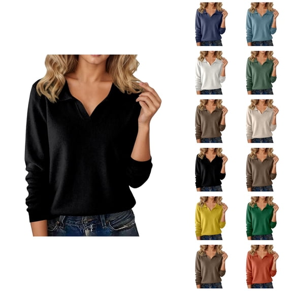 Long Sleeve Shirts for Women 2026 Spring V Neck Lapel Collar Dressy Casual Office Work Blouse Womens Tops