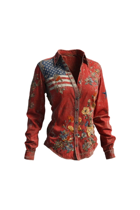 Long Sleeve Shirts for Women 250th Anniversary National Flag Print Casual Collared Button Down Shirt American Flag Patriotic Shirts