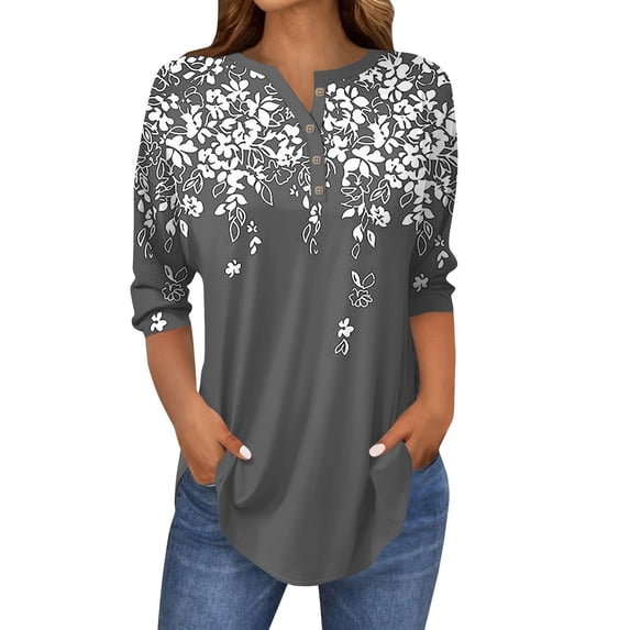Long Sleeve Shirts for Women 3/4 Length Sleeve Tops Spring Neck Casual Print Tunic T Shirts Three Quarter Length Tops Long Sleeve Tops