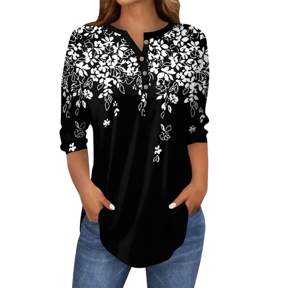Long Sleeve Shirts for Women 3/4 Length Sleeve Tops Spring Neck Casual Print Tunic T Shirts Three Quarter Length Tops Long Sleeve Tops