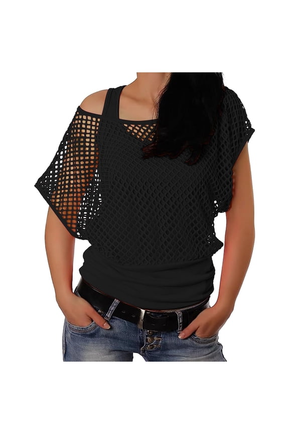 Long Sleeve Shirts for Women 80S 90S Fishnet Mesh Top Set Oversized Womens Shirts Black 2Xl