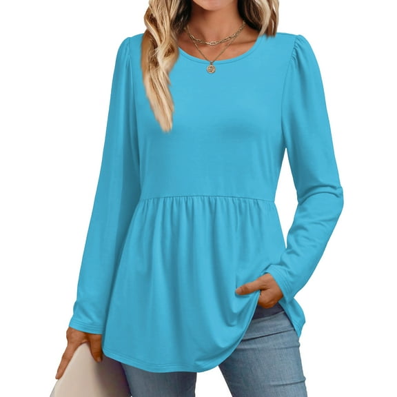 Long Sleeve Shirts for Women Babydoll Tops Dressy Casual Round Neck Ladies Tunic Blouses Spring Fall Clothes