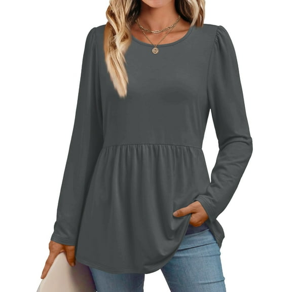 Long Sleeve Shirts for Women Babydoll Tops Dressy Casual Round Neck Ladies Tunic Blouses Spring Fall Clothes