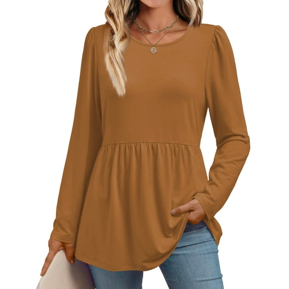 Long Sleeve Shirts for Women Babydoll Tops Dressy Casual Round Neck Ladies Tunic Blouses Spring Fall Clothes