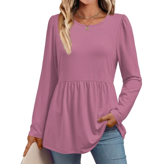 Long Sleeve Shirts for Women Babydoll Tops Dressy Casual Round Neck Ladies Tunic Blouses Spring Fall Clothes