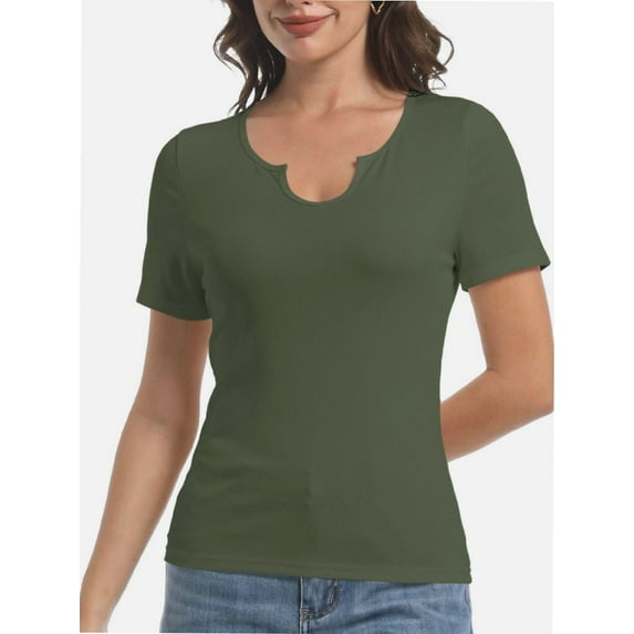 Women's Short Sleeve V-Neck Ribbed Blouse - Slim Fitted Casual Basic Top
