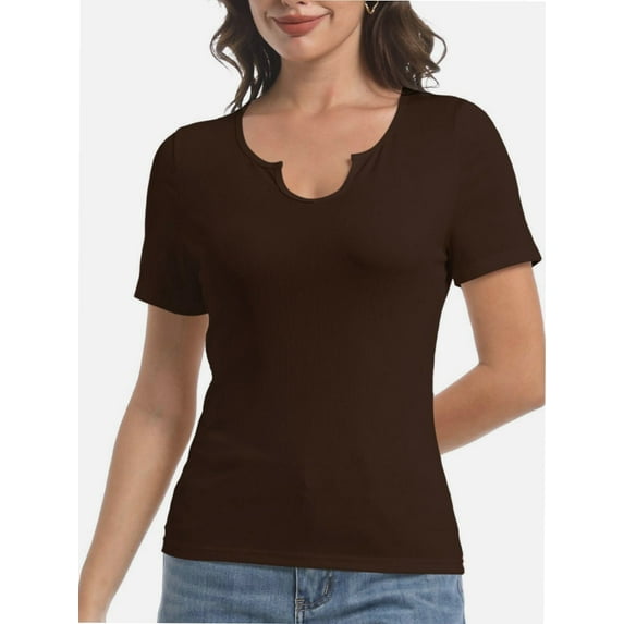 Women's Short Sleeve V-Neck Ribbed Blouse - Slim Fitted Casual Basic Top