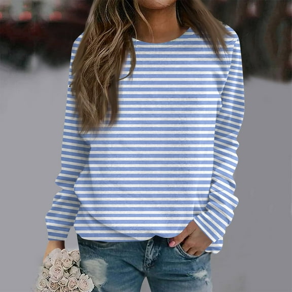 Women's Black and White Striped Long Sleeve Shirt, Casual Round Neck Blouse Tops, Printed Sweatshirt Style Blouse for Women