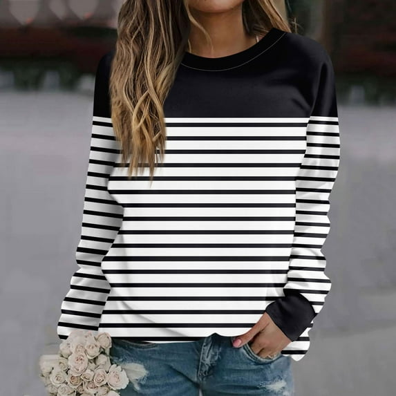 Women's Black and White Striped Long Sleeve Shirt, Casual Round Neck Blouse Tops, Printed Sweatshirt Style Blouse for Women