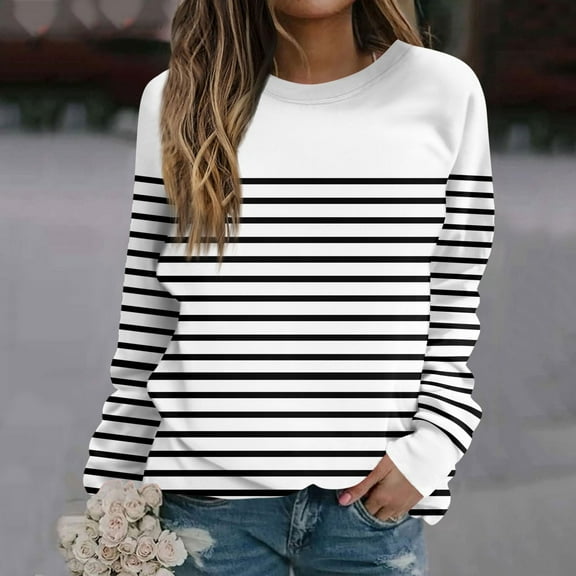 Women's Black and White Striped Long Sleeve Shirt, Casual Round Neck Blouse Tops, Printed Sweatshirt Style Blouse for Women