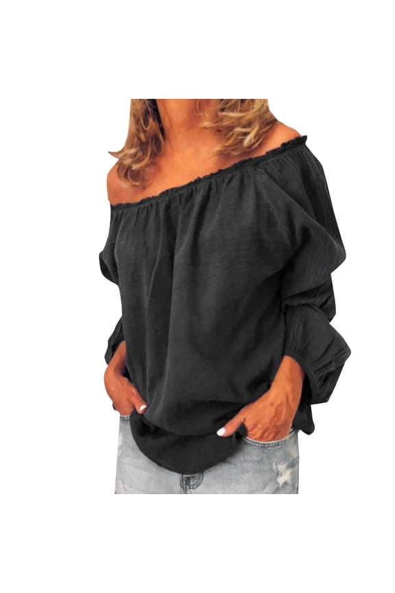 Long Sleeve Shirts for Women Blouse Off Shoulder Casual Sleeve Sexy T Shirt Shoulder Tops Size Summer Loose Ruffle Top Long Sleeve Tops
