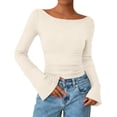 thumbnail image 1 of Long Sleeve Shirts for Women Boat Neck Bell Sleeve Ribbed Ruched Long Sleeve Tops Casual Chic Clothes Womens Sweatshirt Beige L, 1 of 4