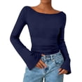 thumbnail image 1 of Long Sleeve Shirts for Women Boat Neck Bell Sleeve Ribbed Ruched Long Sleeve Tops Casual Chic Clothes Womens Sweatshirt Blue L, 1 of 4